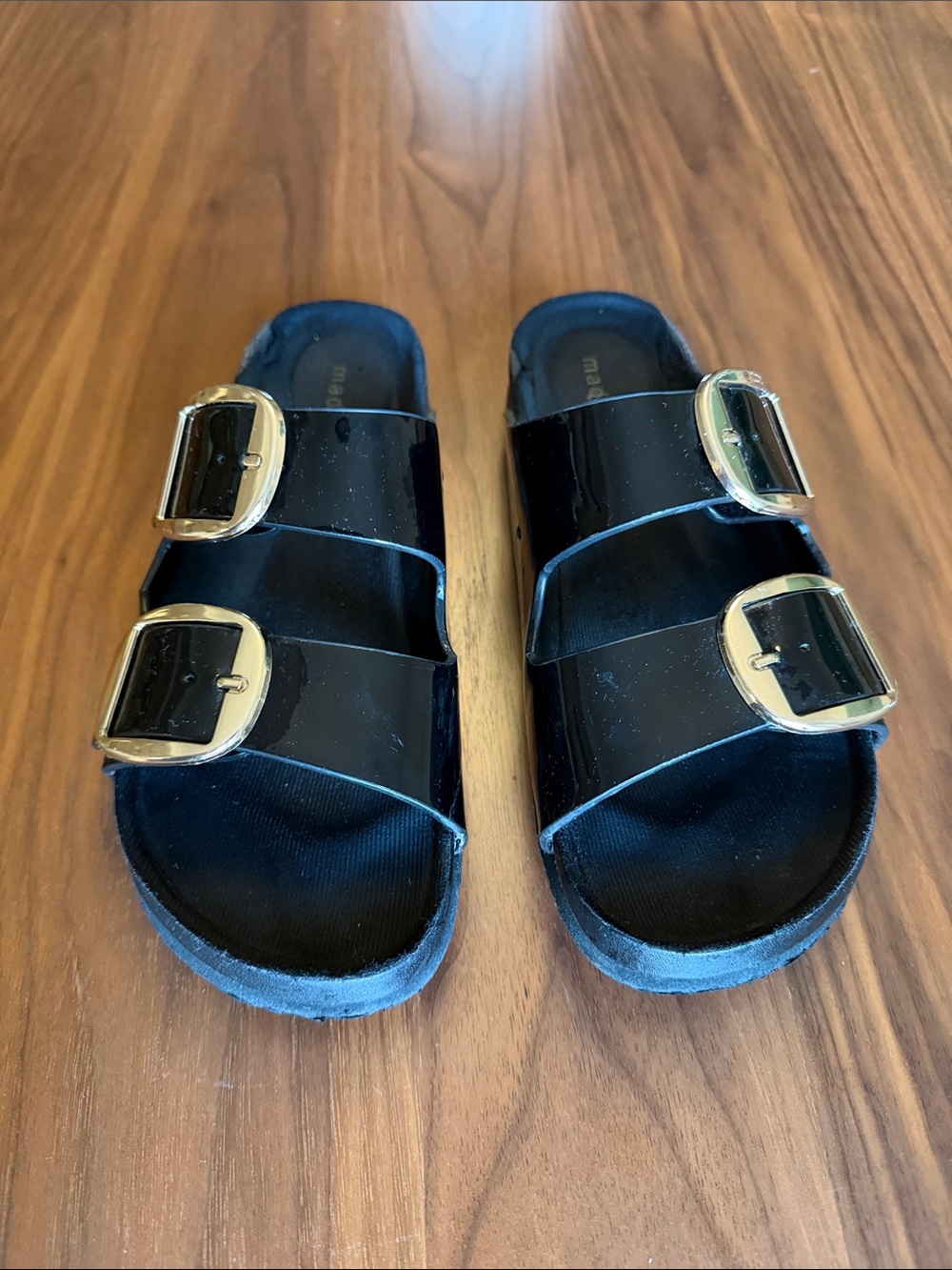 Madden Girl Black Patent Double-Buckle Slide Sandals